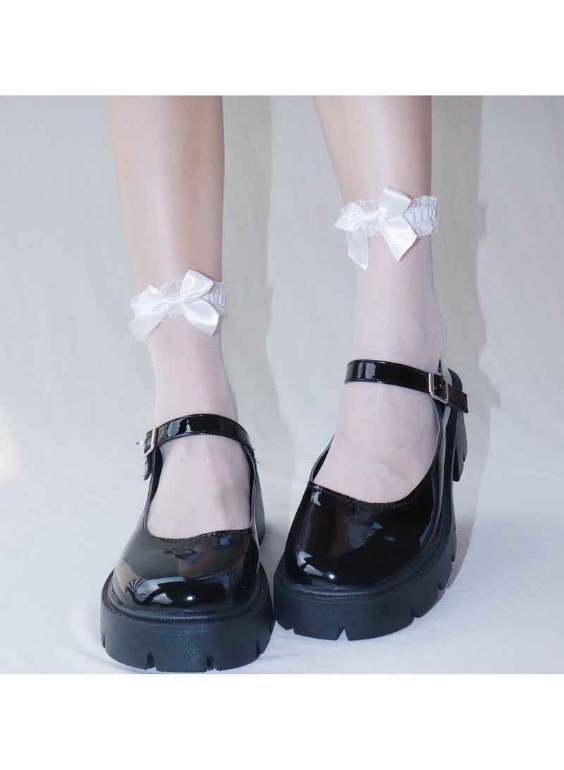 Girls transparent lace socks, lace bow, glass fiber women's mid length socks, ultra-thin and cute girls' socks 2 pairs - Image 3